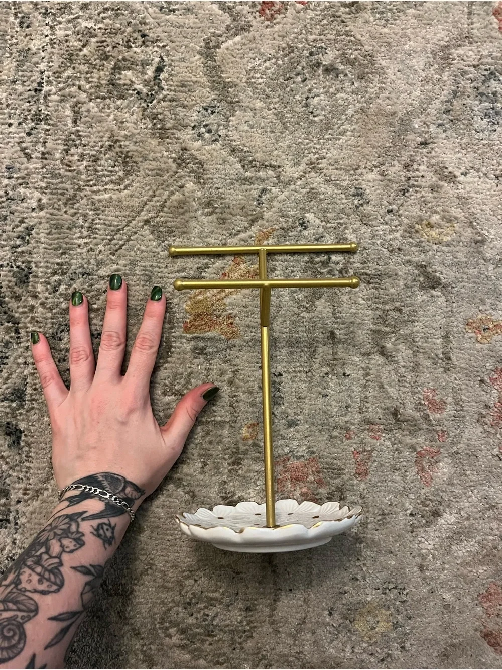 Gold Metal and White Ceramic Jewelry T-Bar Stand